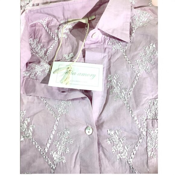 NWT Julia Amory Womens Swizzle Shirt Dress Cotton Embroidered lilac/pink, Large - Picture 3 of 3